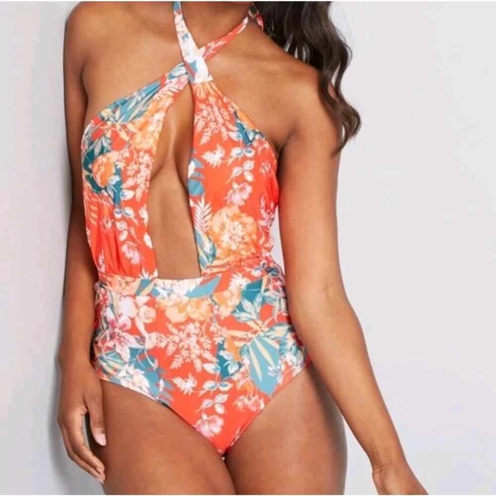 Modcloth Orange Multicolor Floral Halter Low Cut Bethany One-Piece Swimsuit Sz S